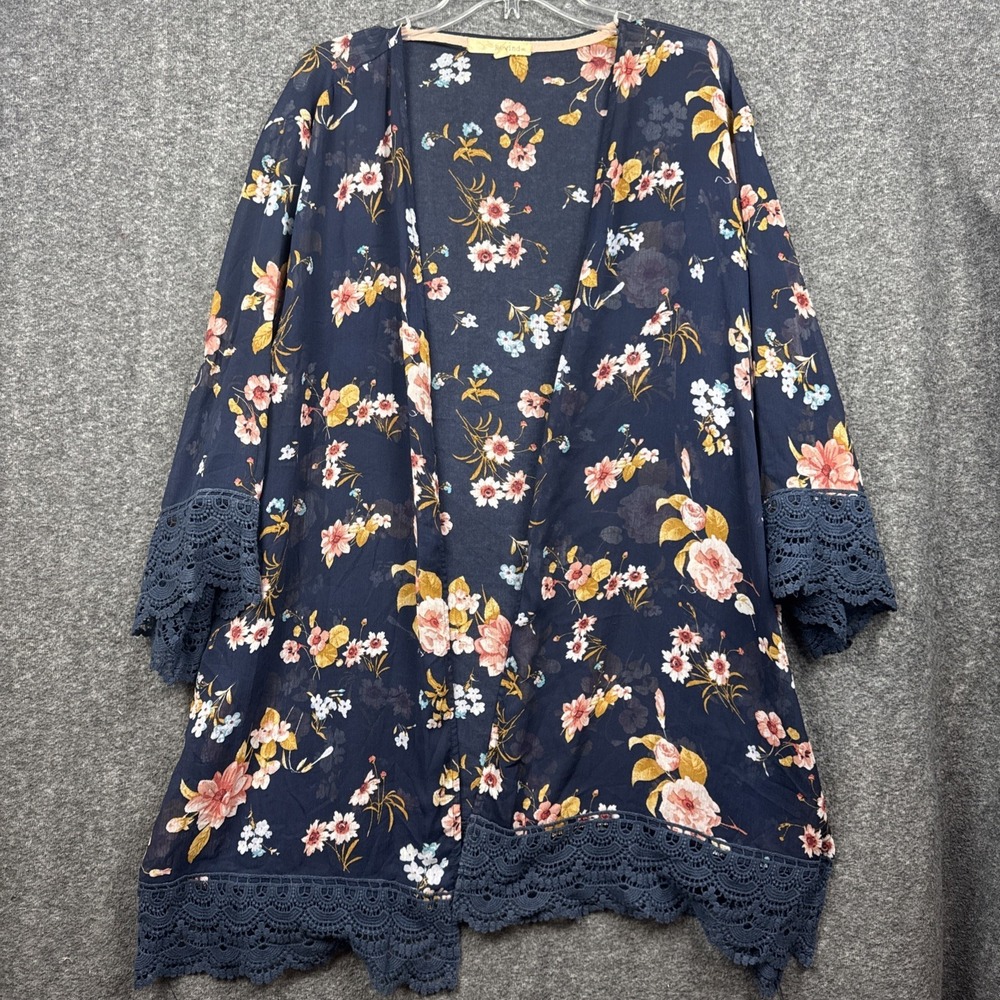 Rewind Floral Kimono Cardigan 3XL Sage Lace Trim Boho Lightweight Sheer Layer